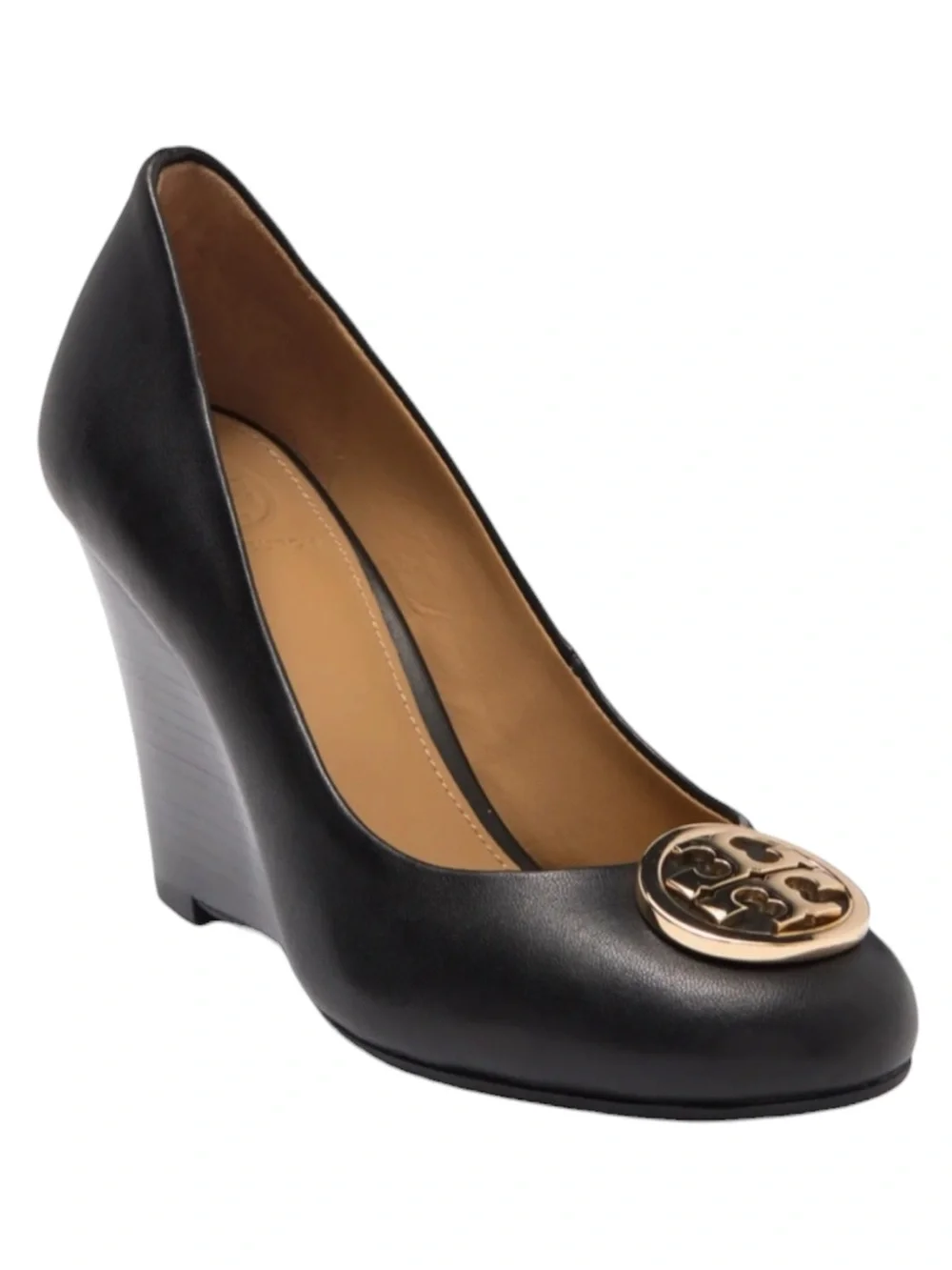 Tory Burch Black Leather Closed Toe Wedge with Gold Logo Disc size 7